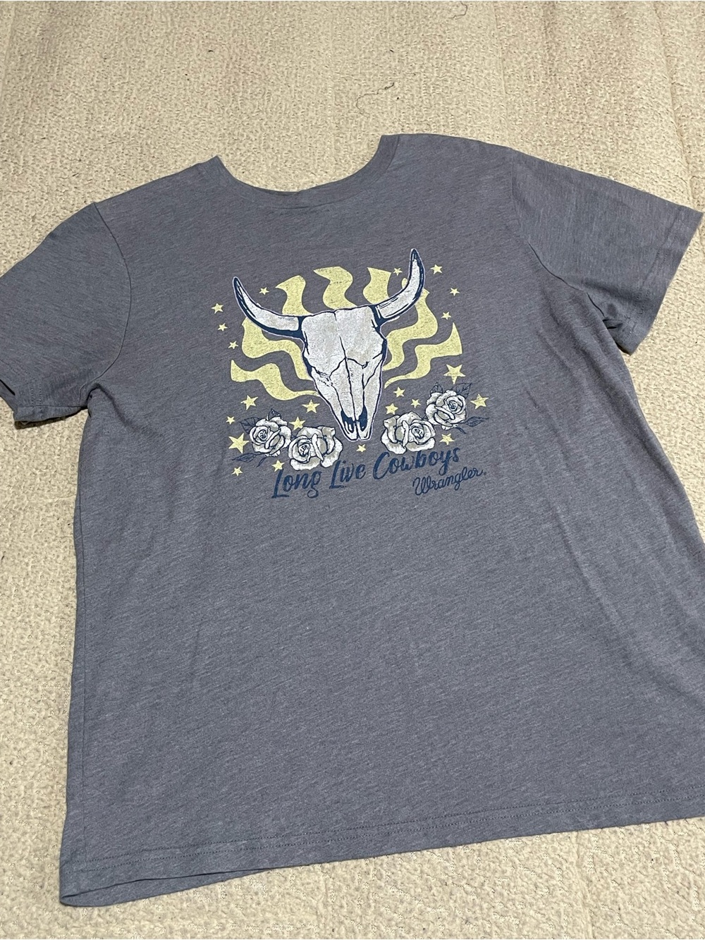 Wrangler Gray Tee with Yellow & Navy Western Skull Graphic